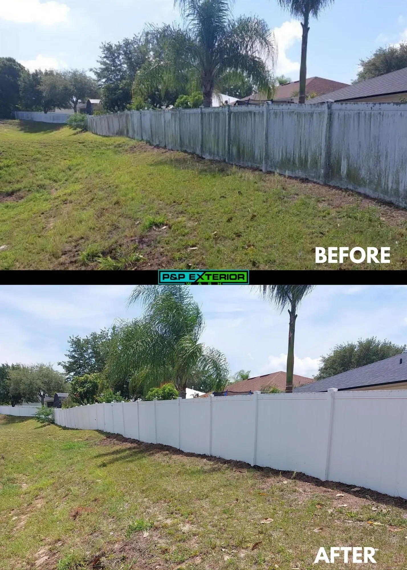A before and after picture of a white fence in a yard.
