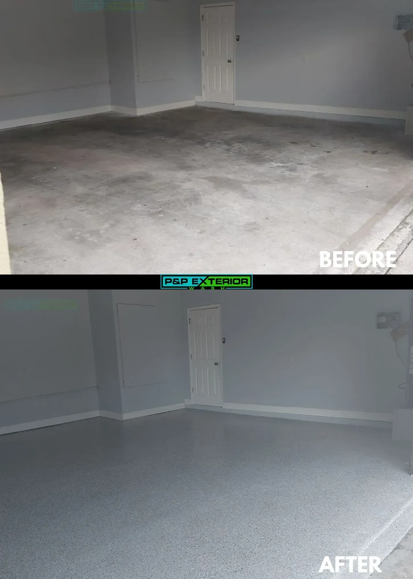 A before and after photo of a garage floor.