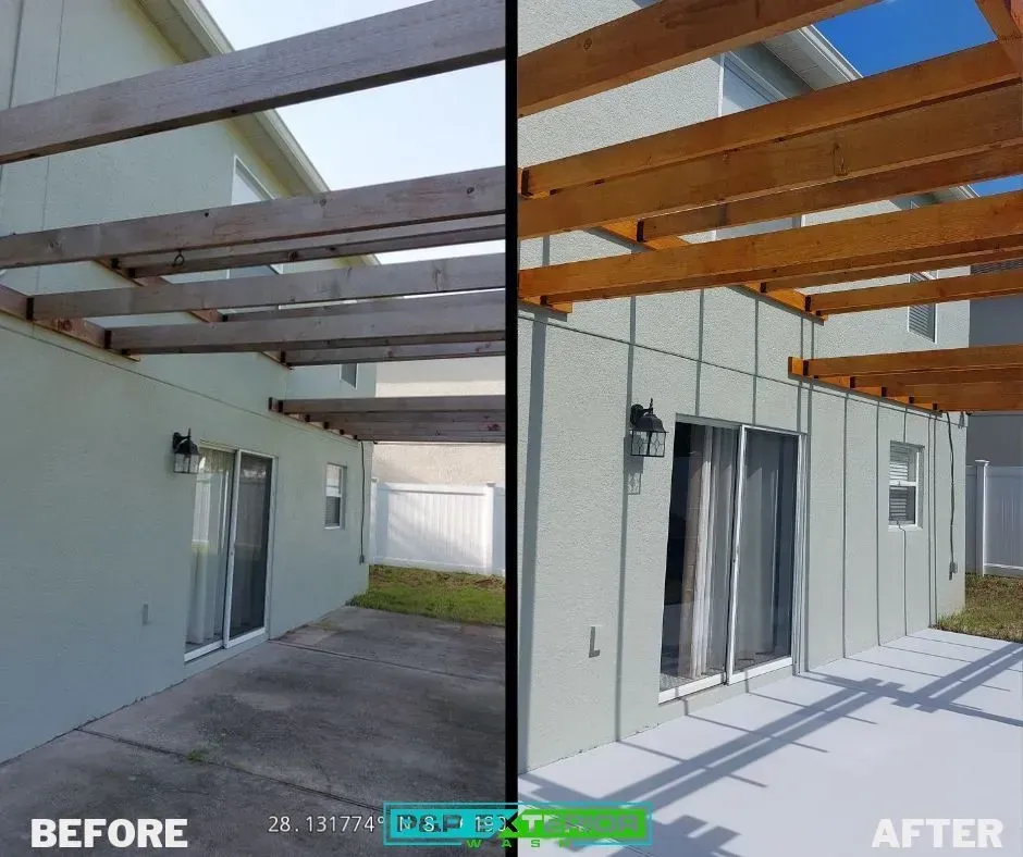 A before and after picture of a house with a pergola