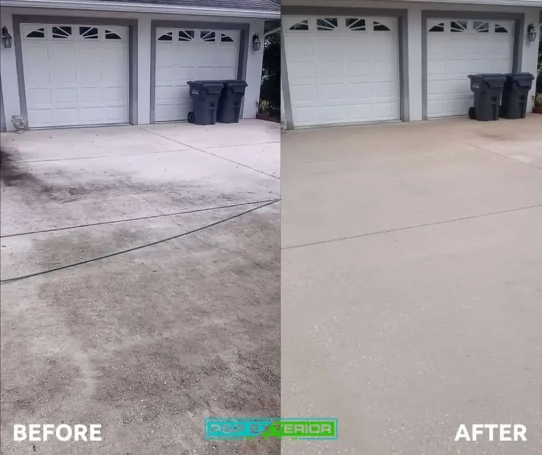 A before and after picture of a concrete driveway.