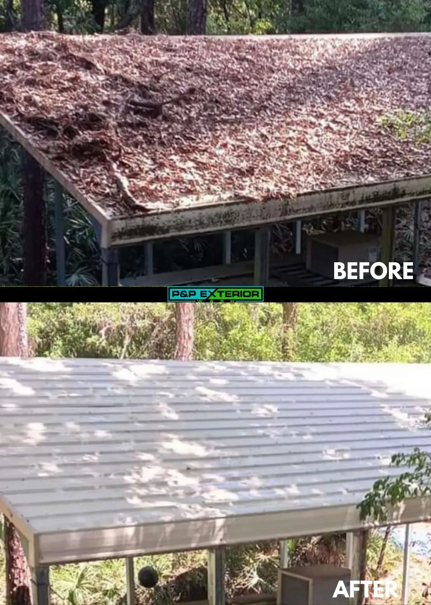 A before and after picture of a metal roof.