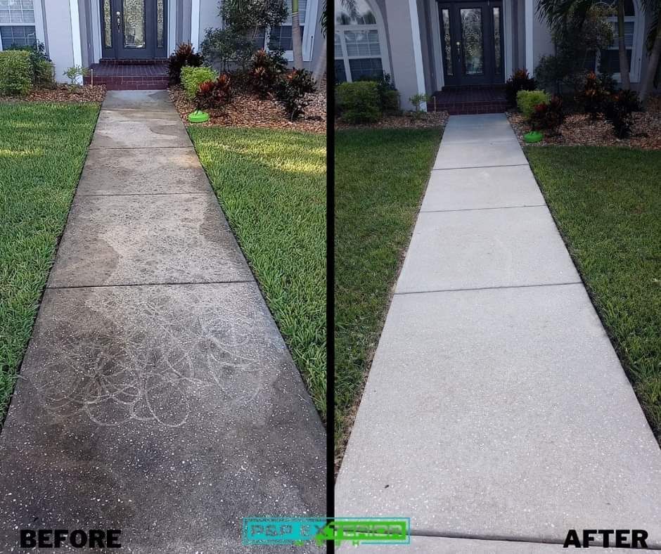 A before and after photo of a concrete walkway