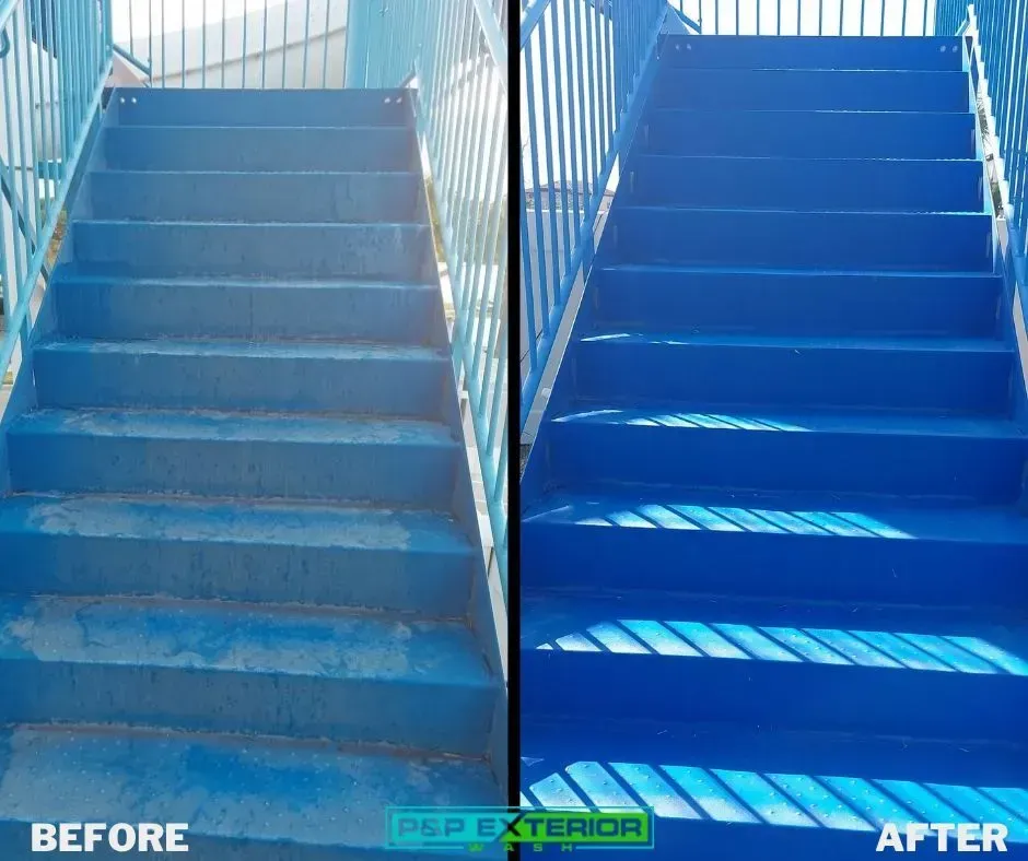 A before and after picture of a blue staircase