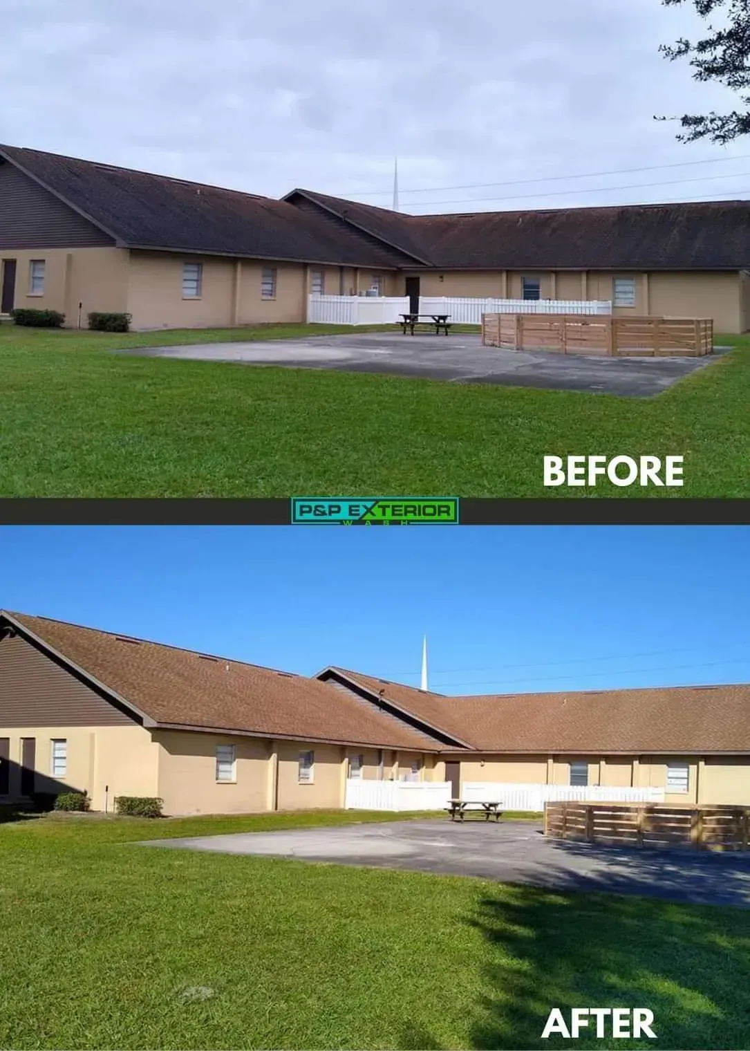 A before and after picture of a house with a brown roof