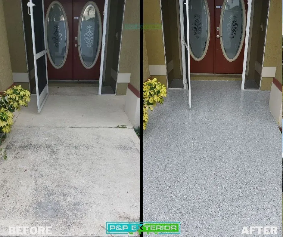A before and after photo of a concrete walkway
