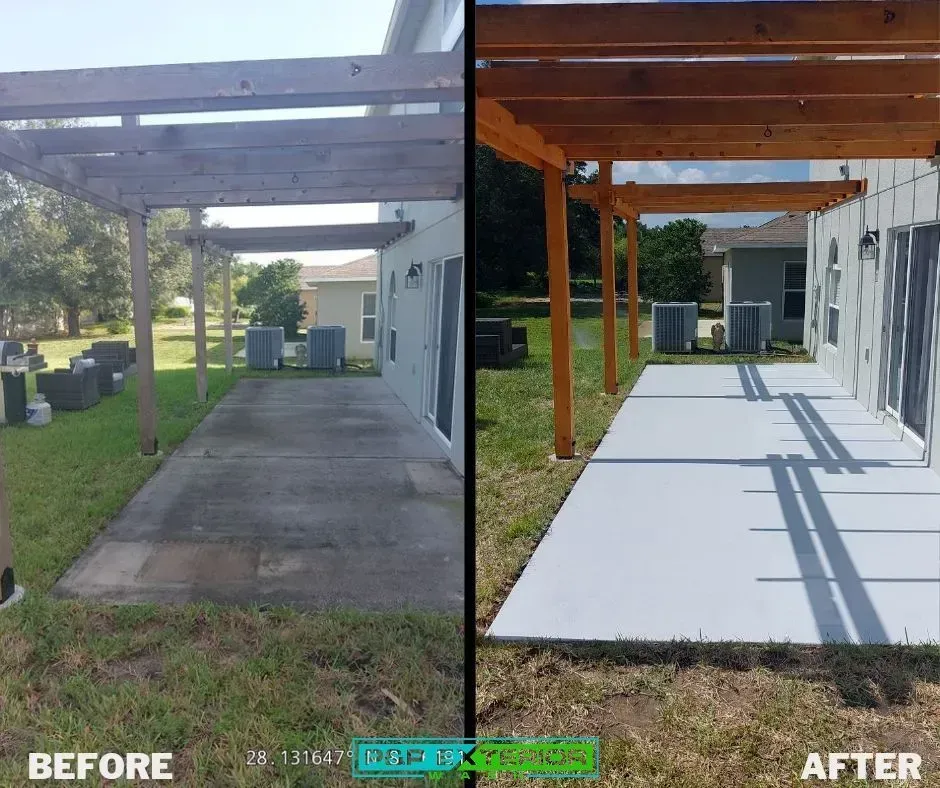 A before and after photo of a patio with a pergola