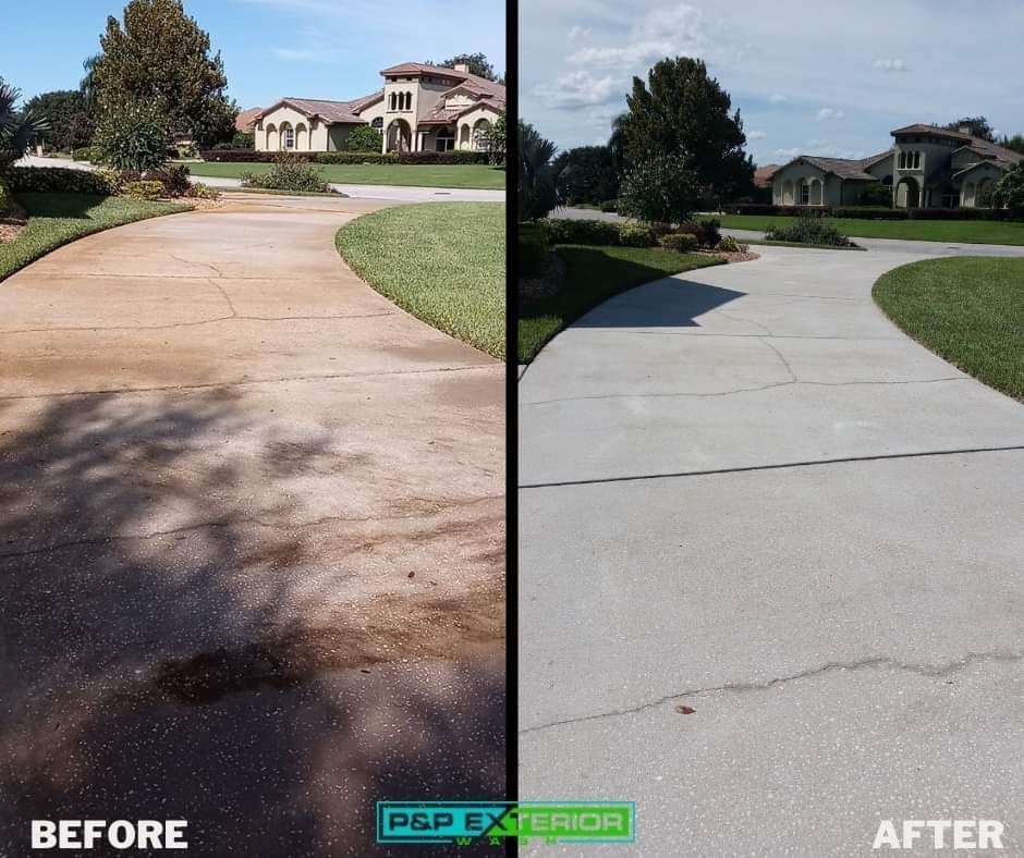 A before and after photo of a concrete driveway