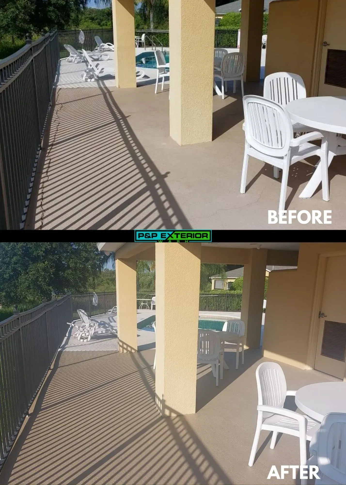 A before and after photo of a patio with a table and chairs