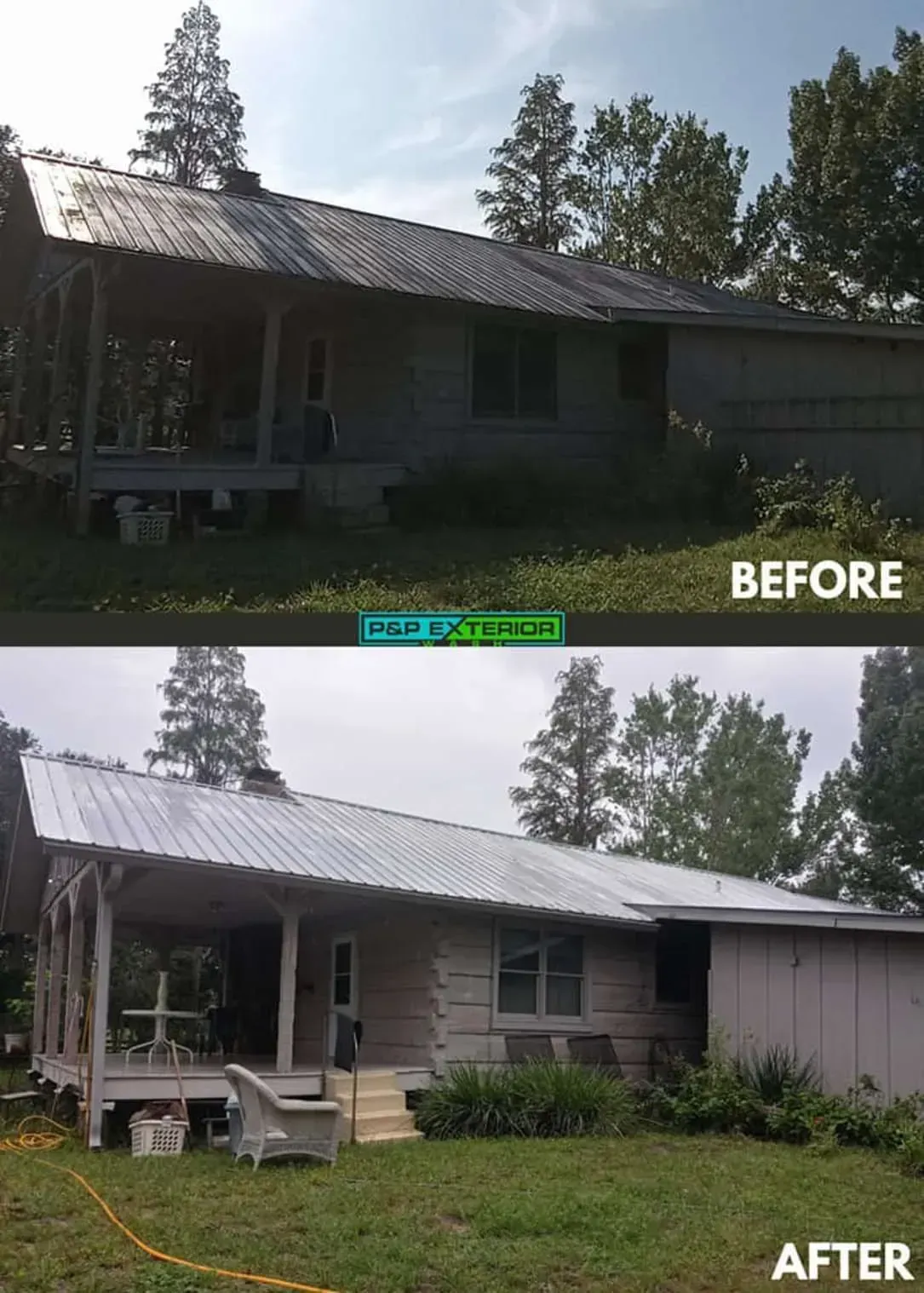 A before and after picture of a house with a metal roof