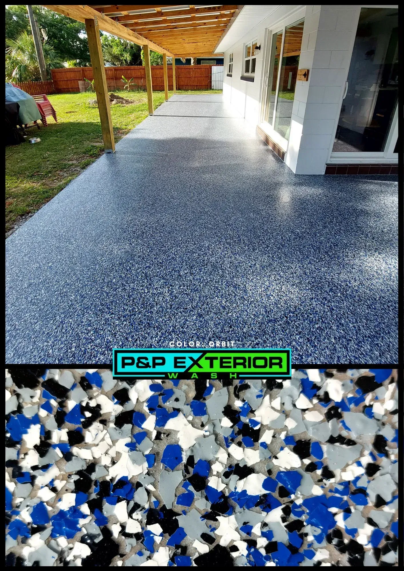 A picture of a concrete driveway with blue , white and black flakes.
