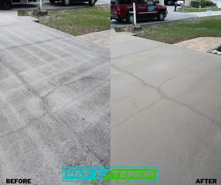 A before and after photo of a concrete driveway.