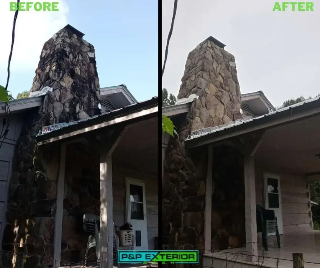 A before and after picture of a house with a chimney