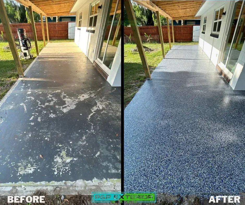 A before and after photo of a concrete walkway.