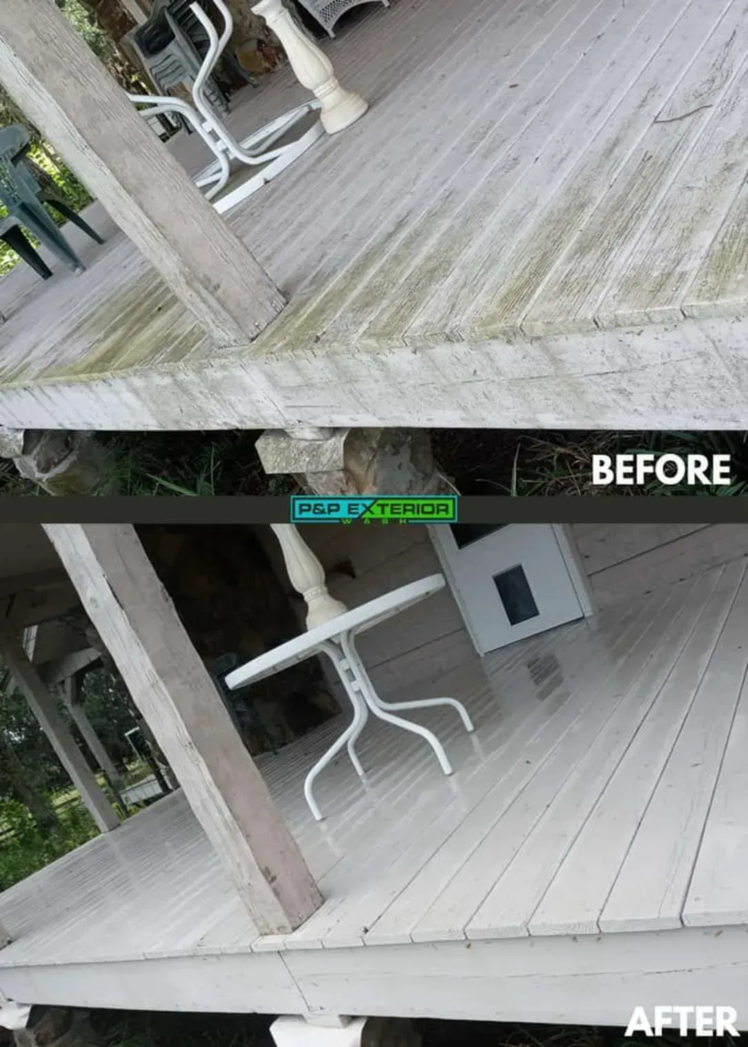A before and after picture of a deck with a table on it.