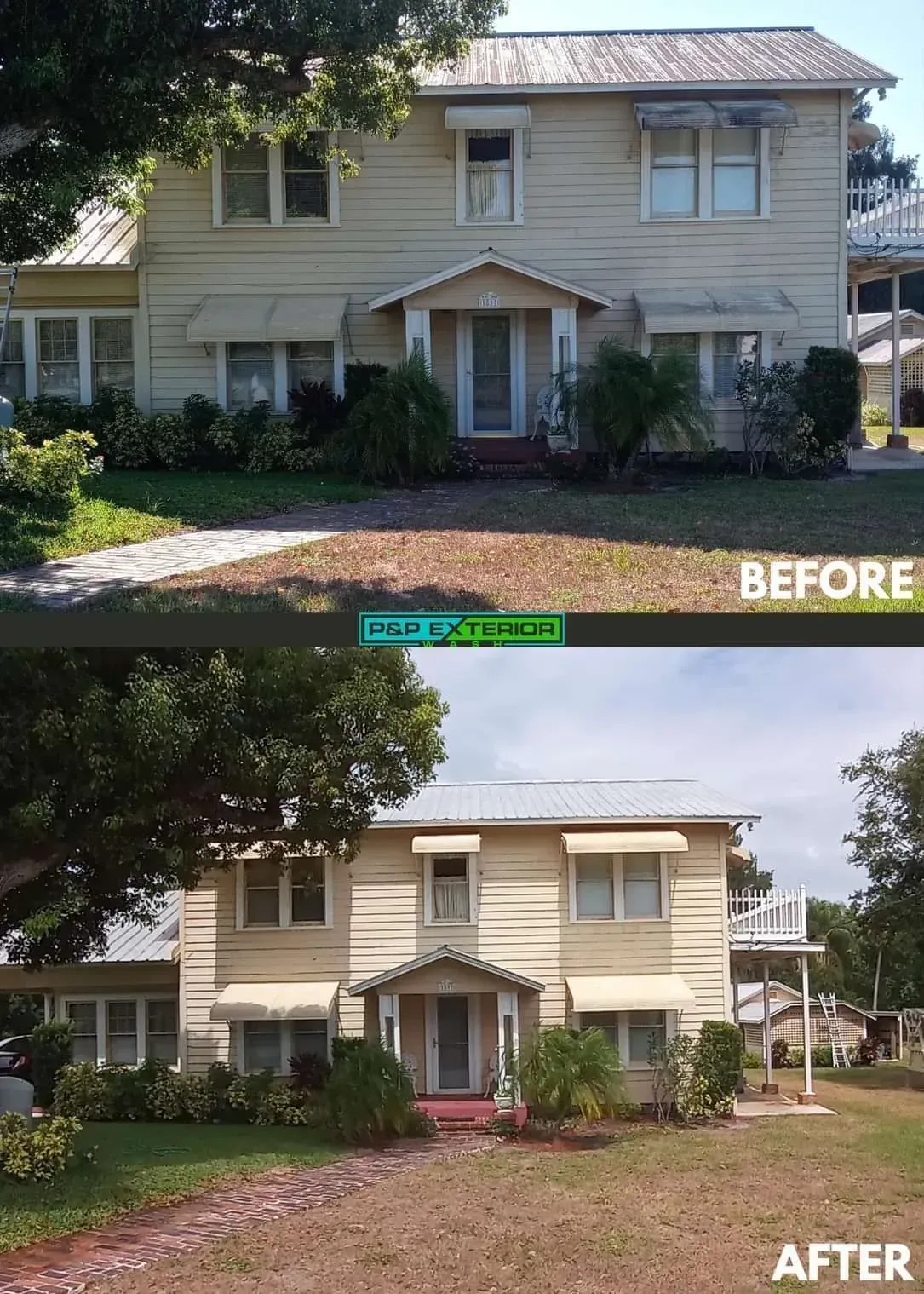 A before and after photo of a house