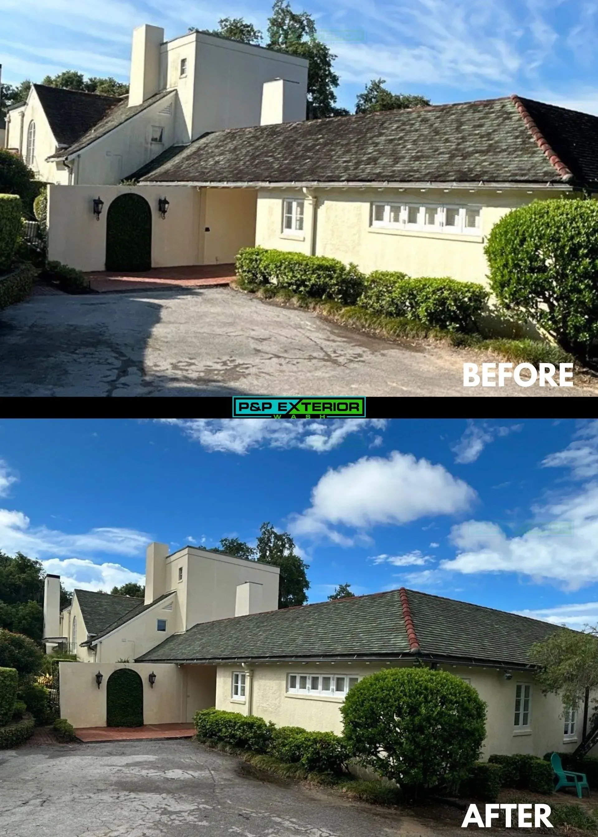 A before and after picture of a house with a green roof