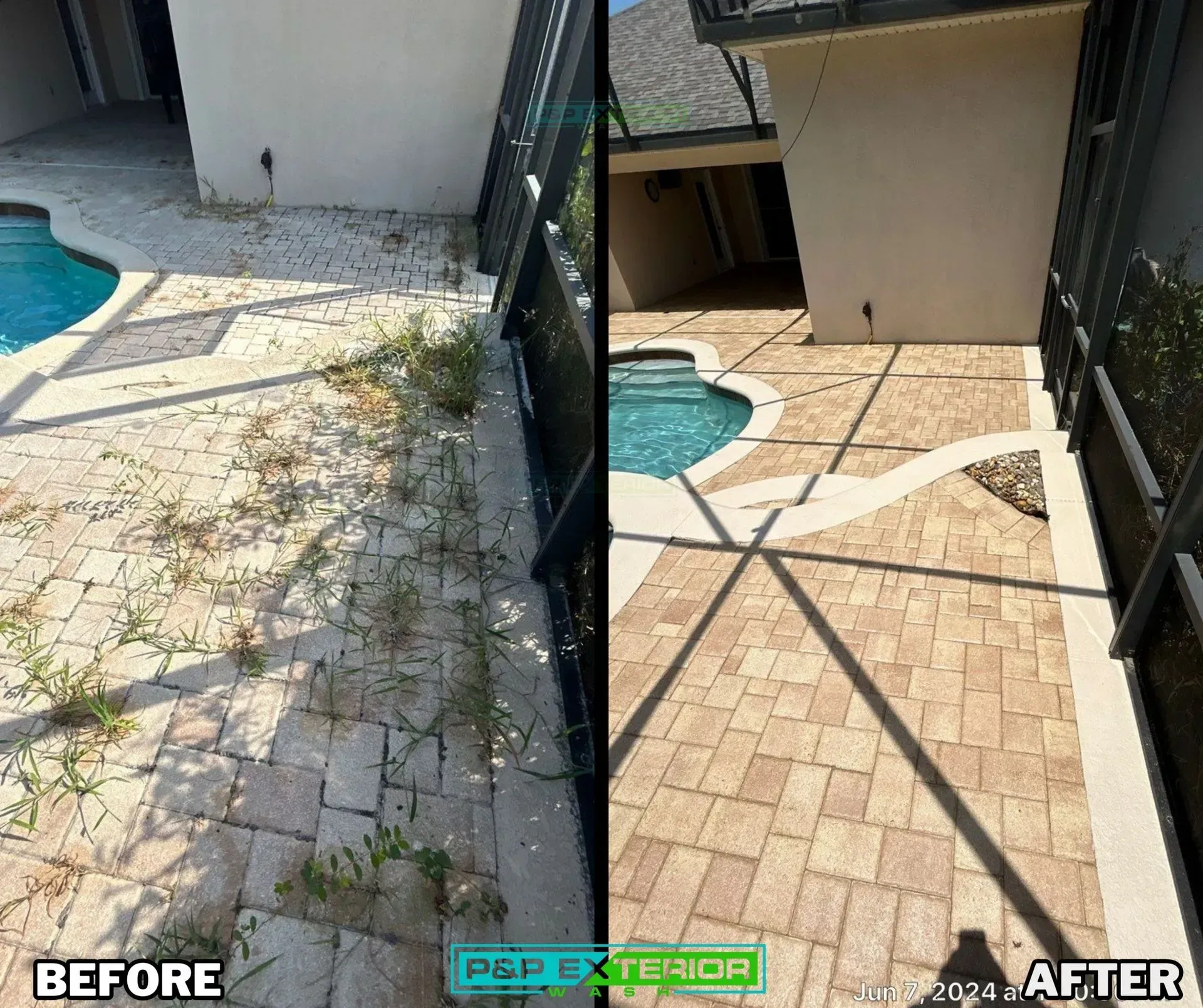 A before and after photo of a patio next to a pool.