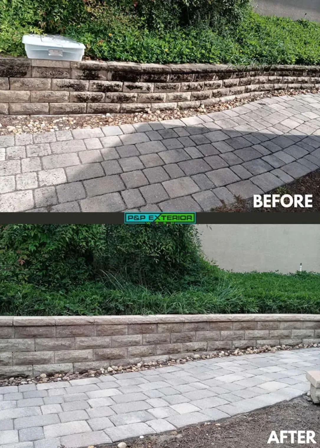 A before and after picture of a brick walkway.