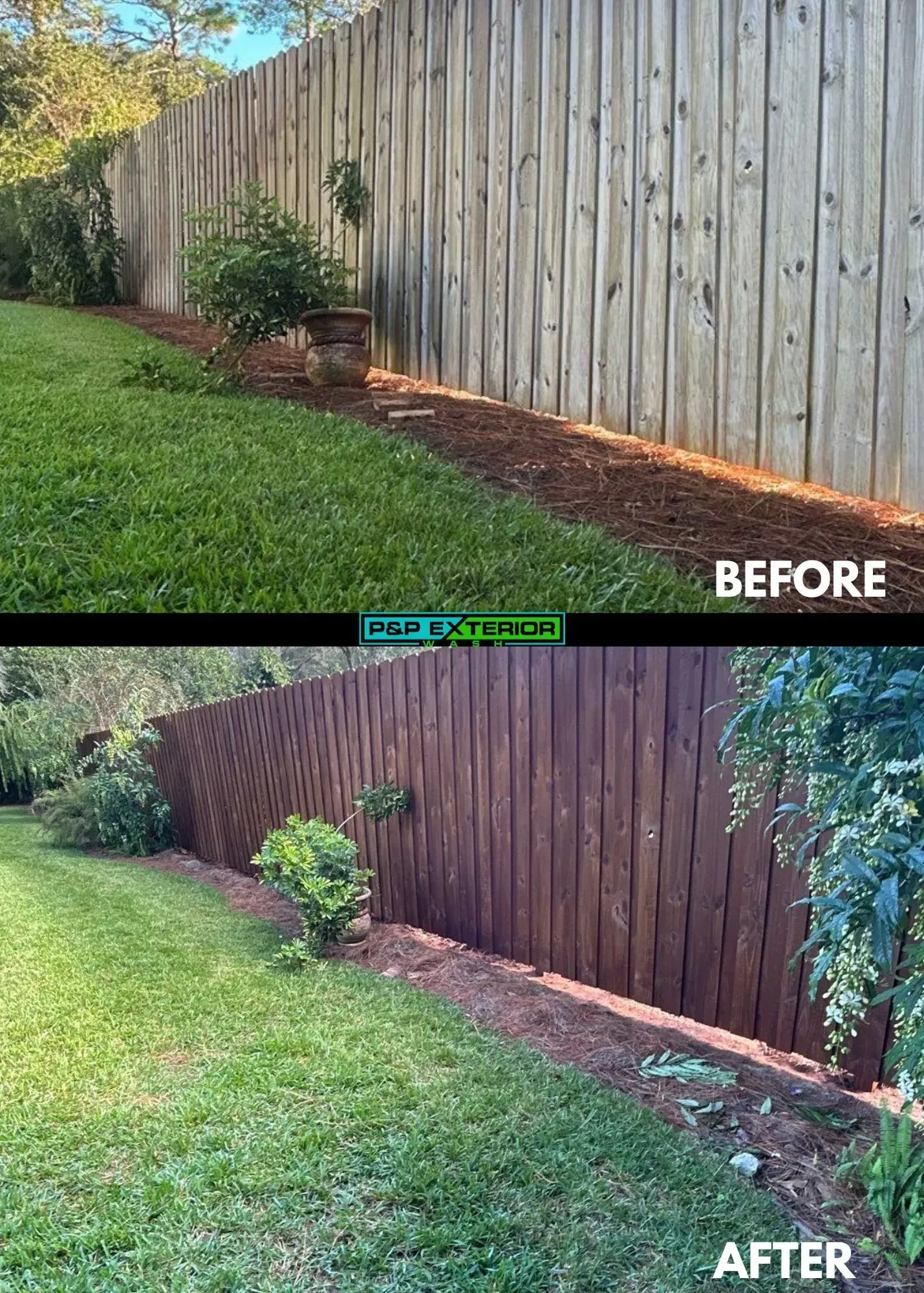 A before and after picture of a wooden fence.