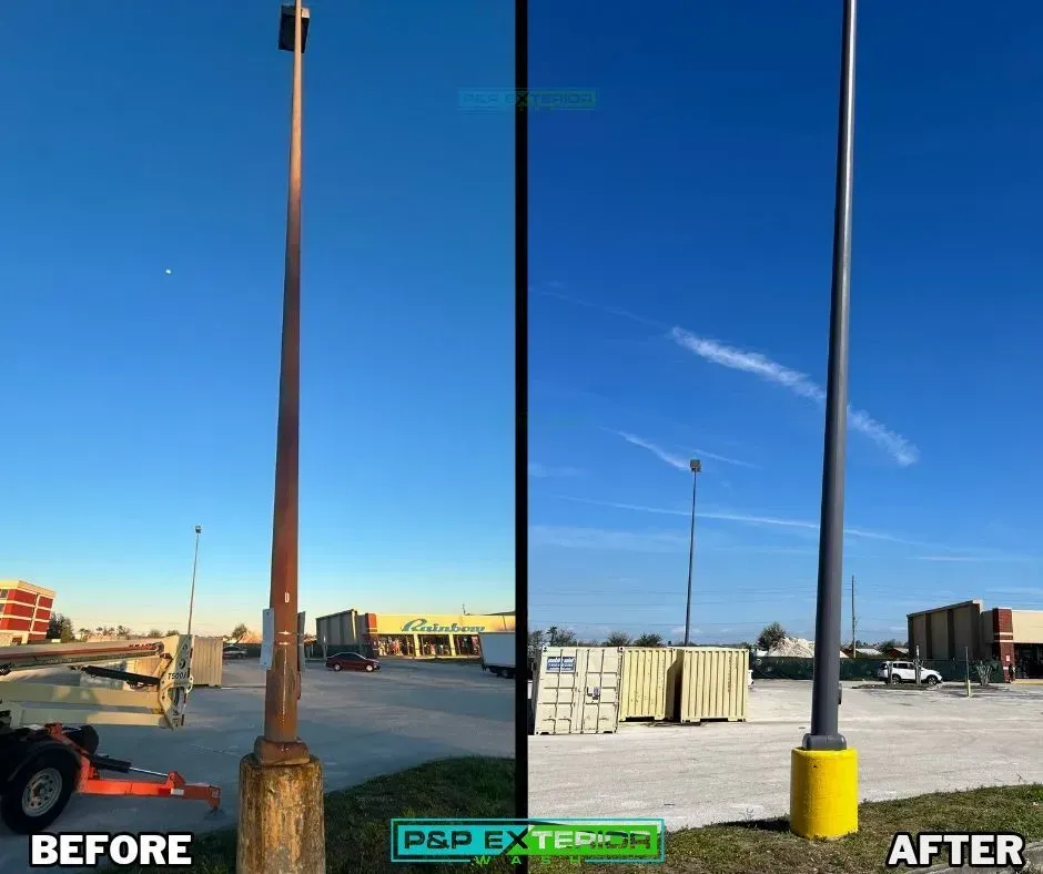 A before and after photo of a street light