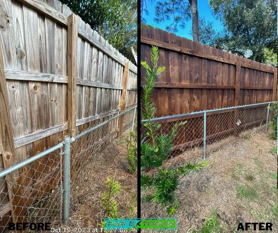 A before and after photo of a wooden fence.