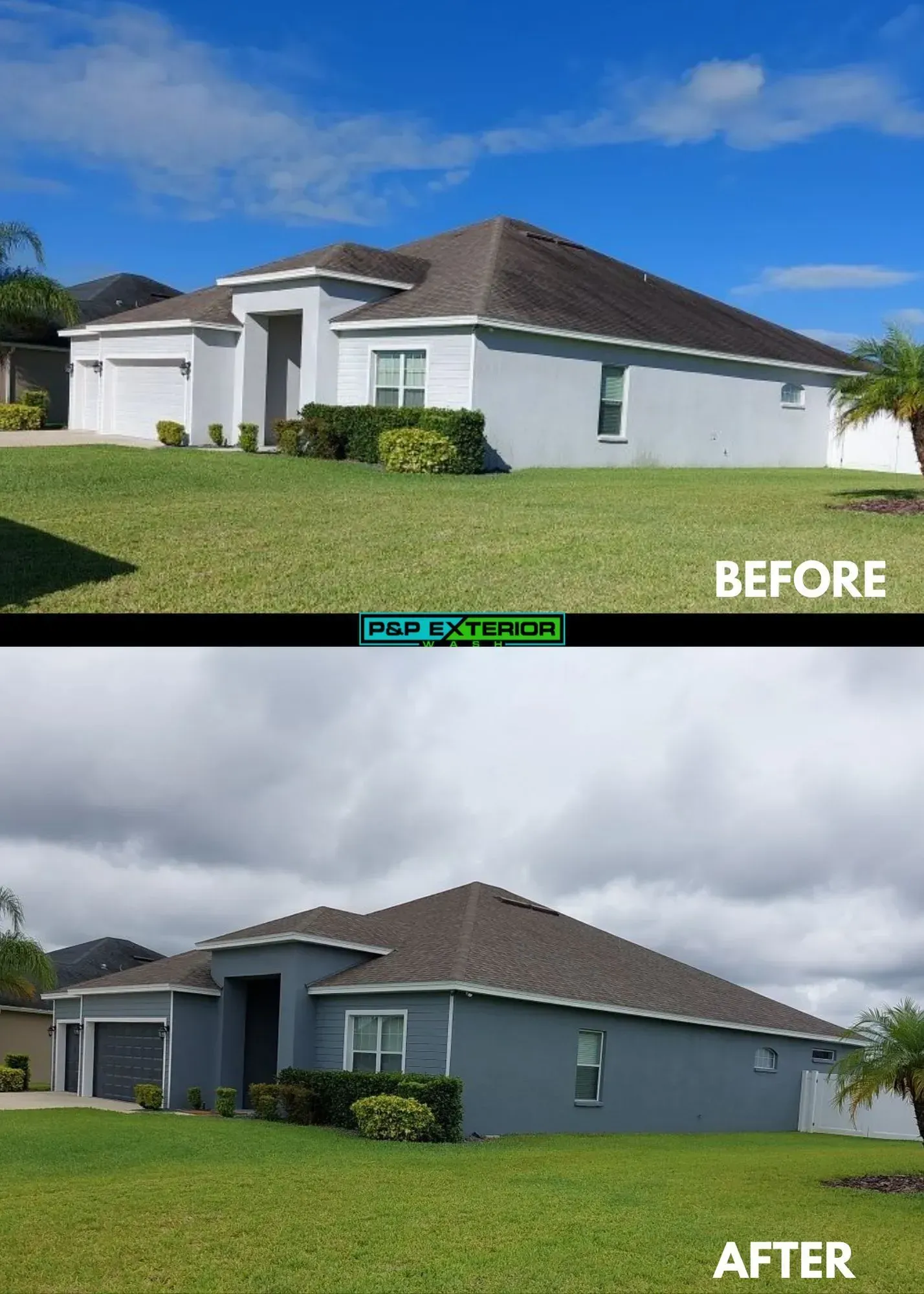 A before and after picture of a house with a brown roof.
