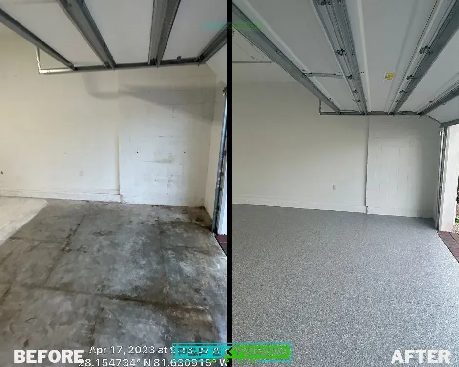 A before and after photo of a garage with a concrete floor.