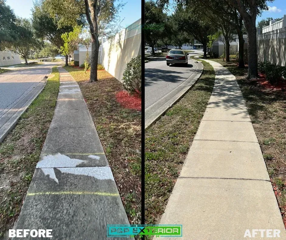 A before and after photo of a sidewalk with an arrow painted on it
