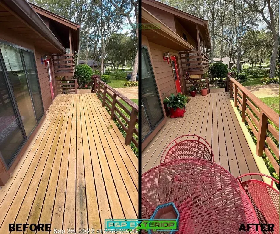 A before and after photo of a wooden deck