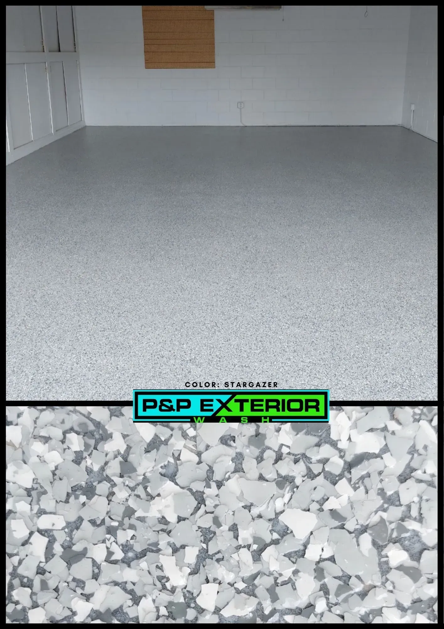 A picture of a garage floor with a sign that says p & p exterior