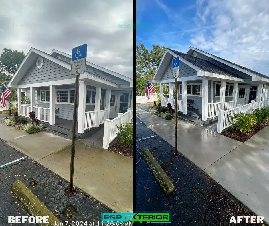 A before and after photo of a house with a handicapped parking spot.