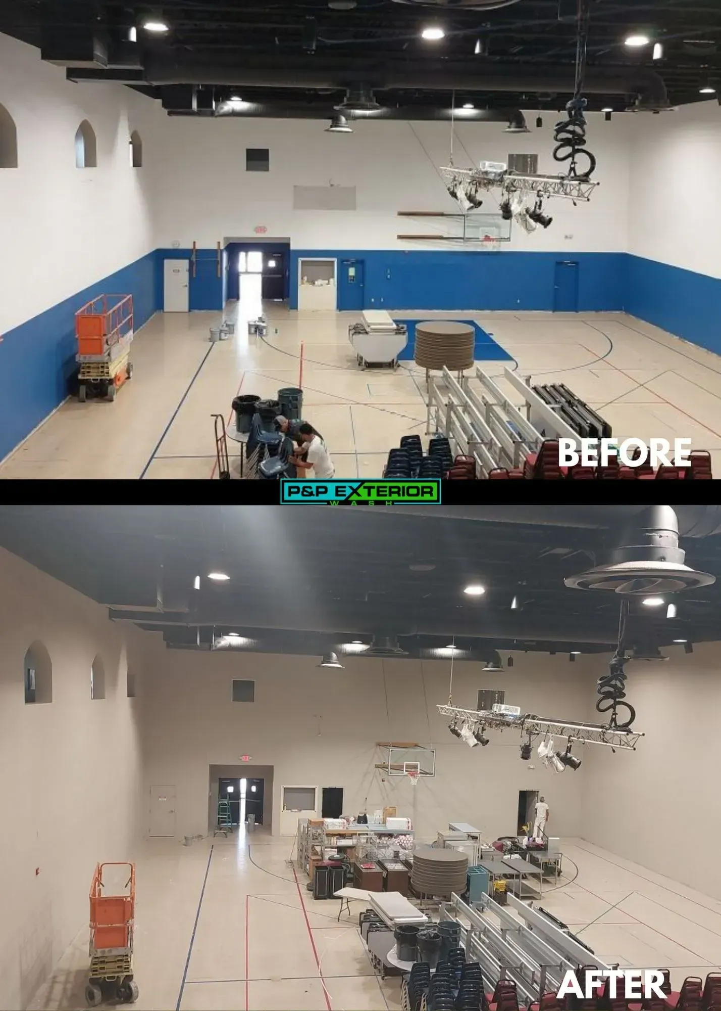 A before and after picture of a gym being remodeled.