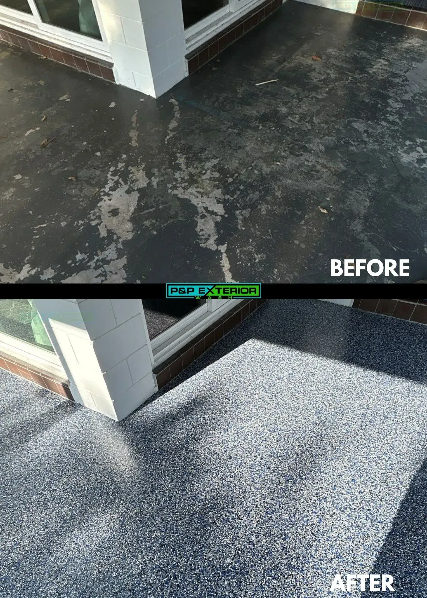 A before and after photo of a concrete floor.