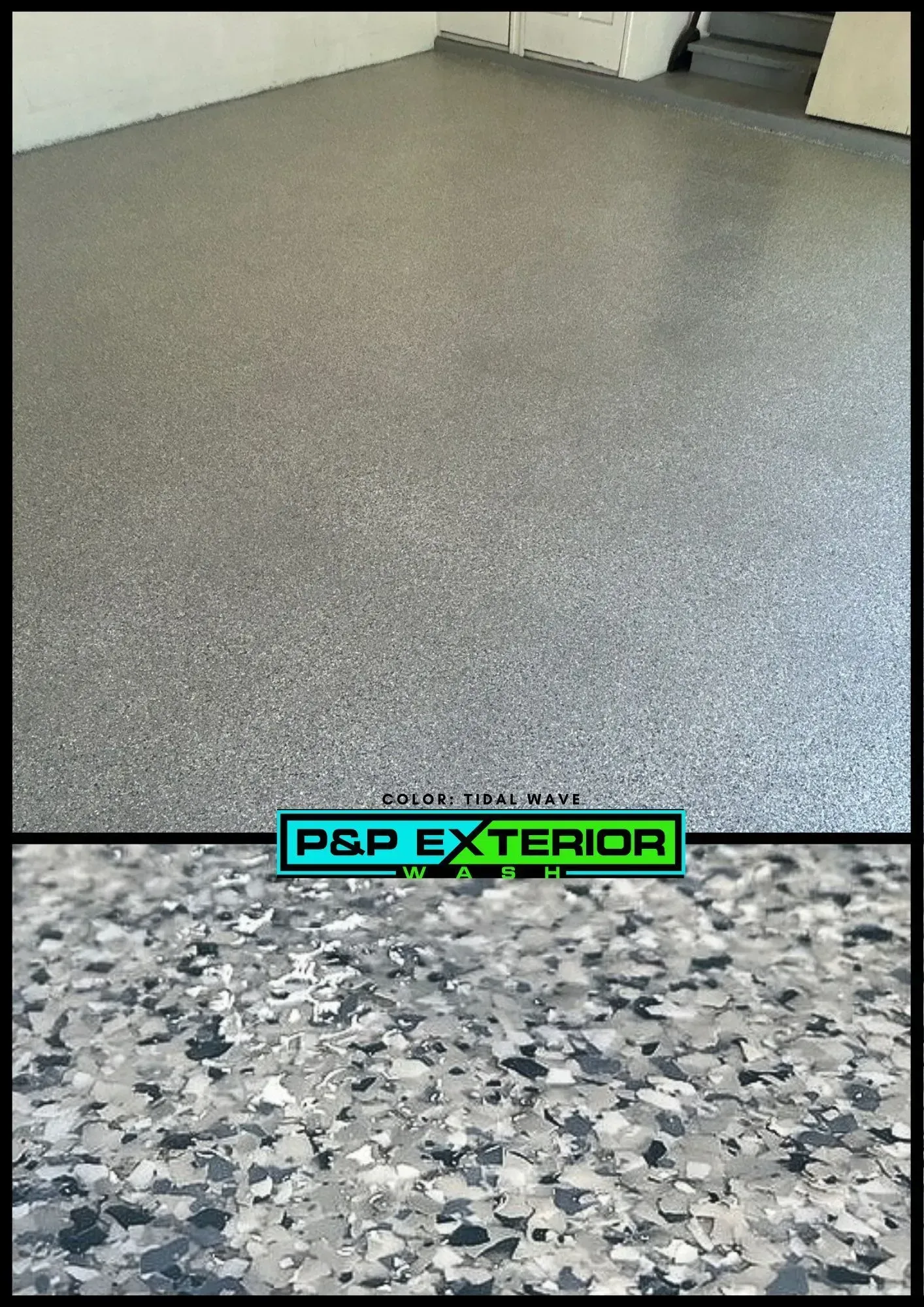 A picture of a concrete floor with a logo for p & p exterior.