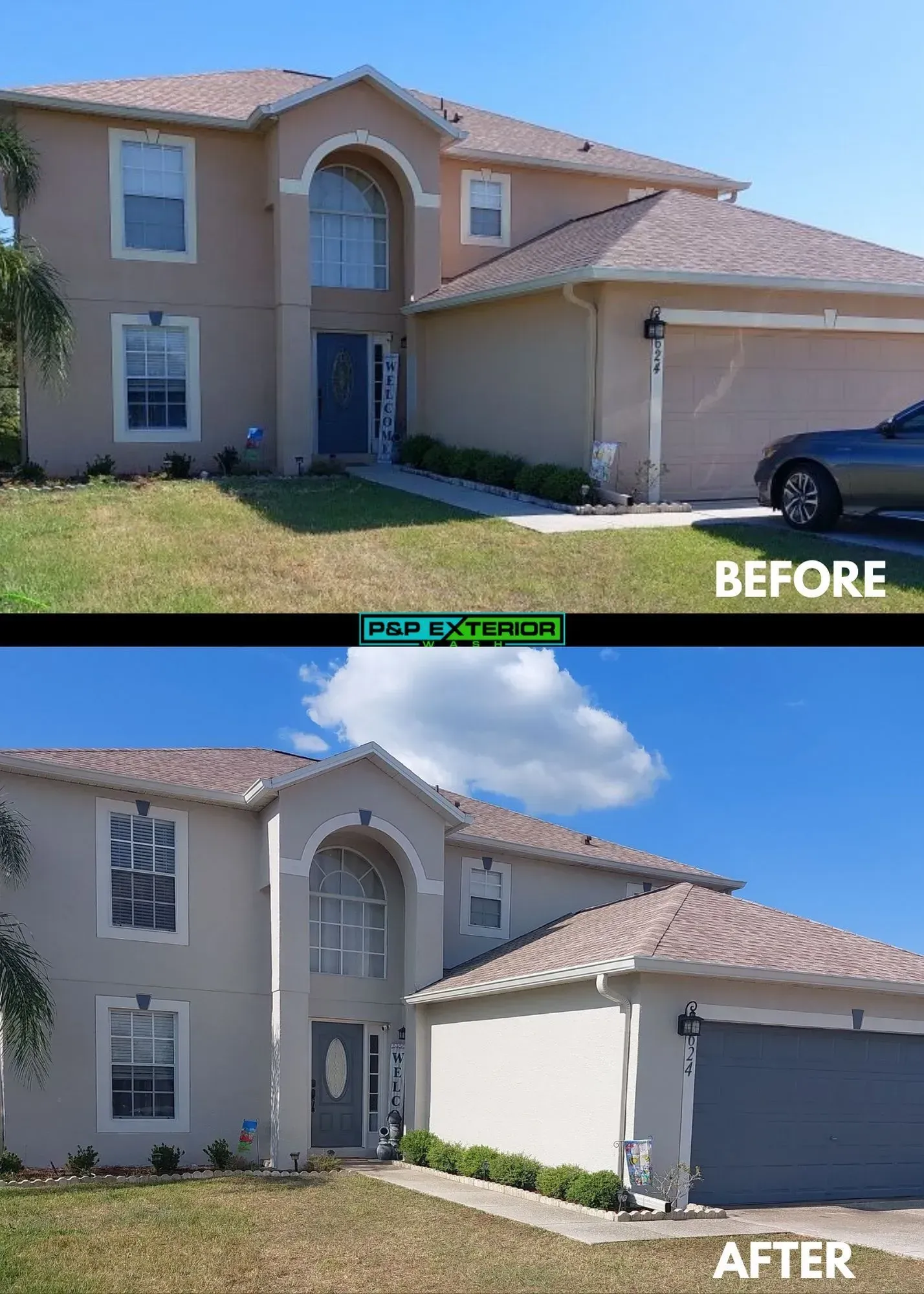 A before and after photo of a house with a car parked in front of it.