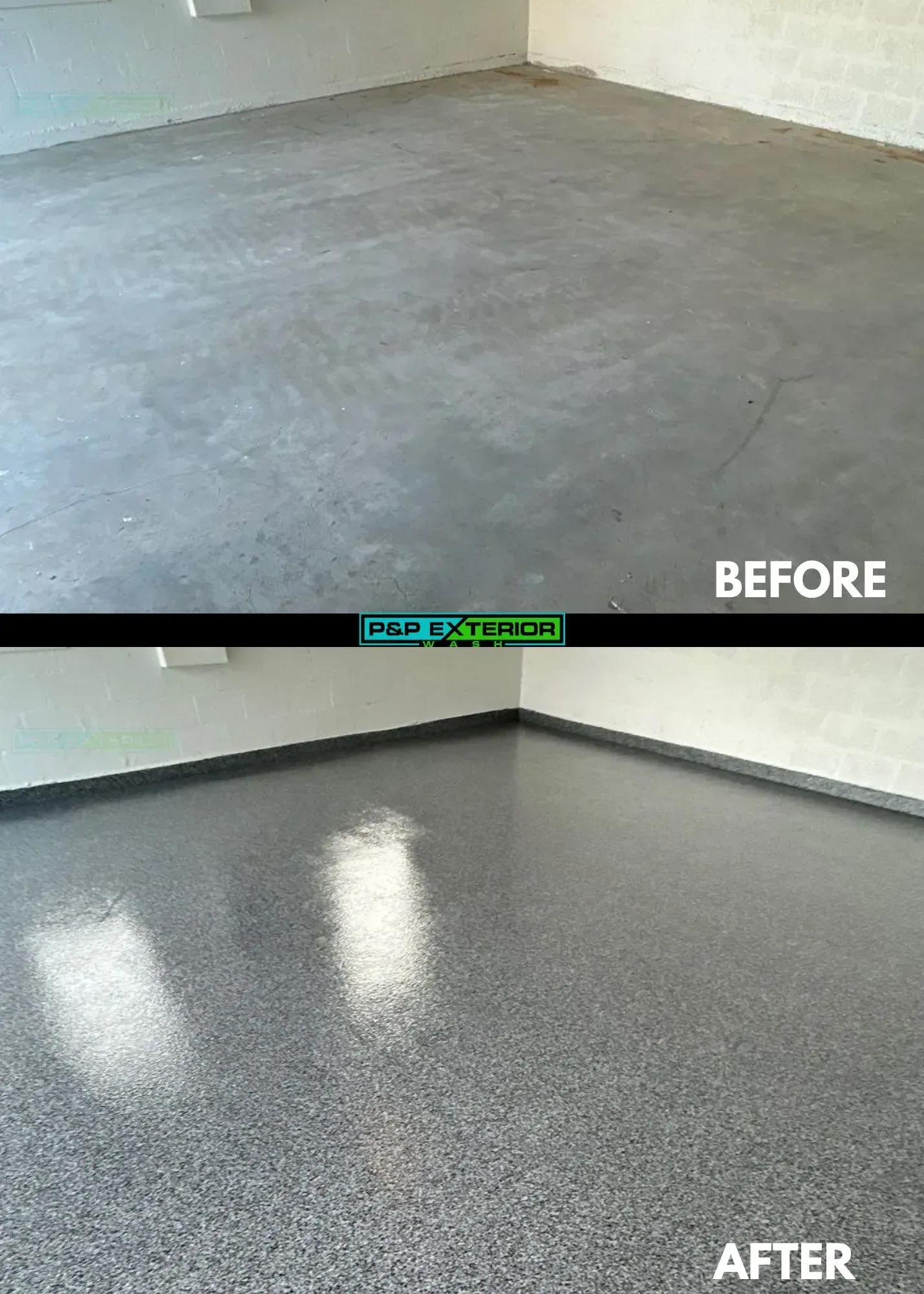 A before and after photo of a concrete floor in a garage.
