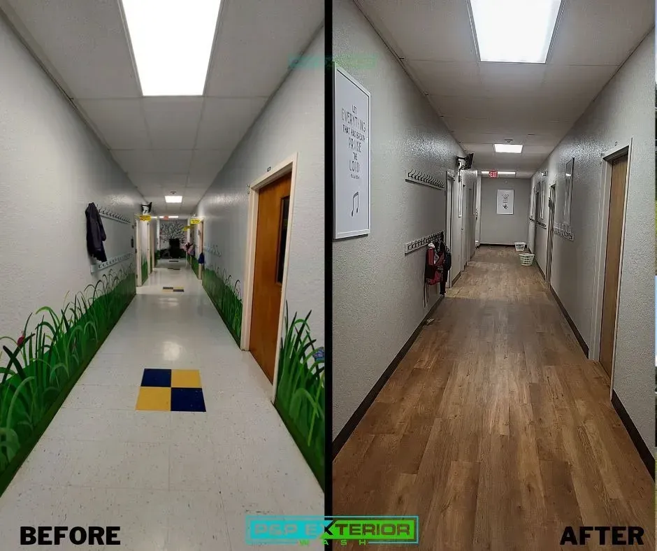 A before and after photo of a hallway with wood floors
