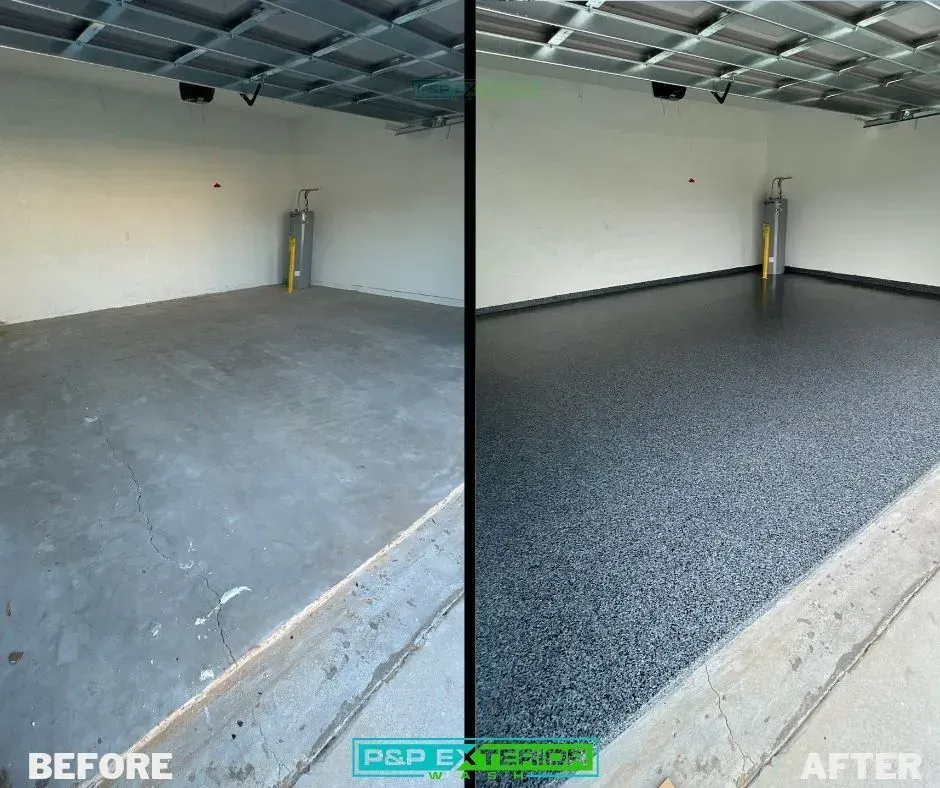 A before and after photo of a garage floor.