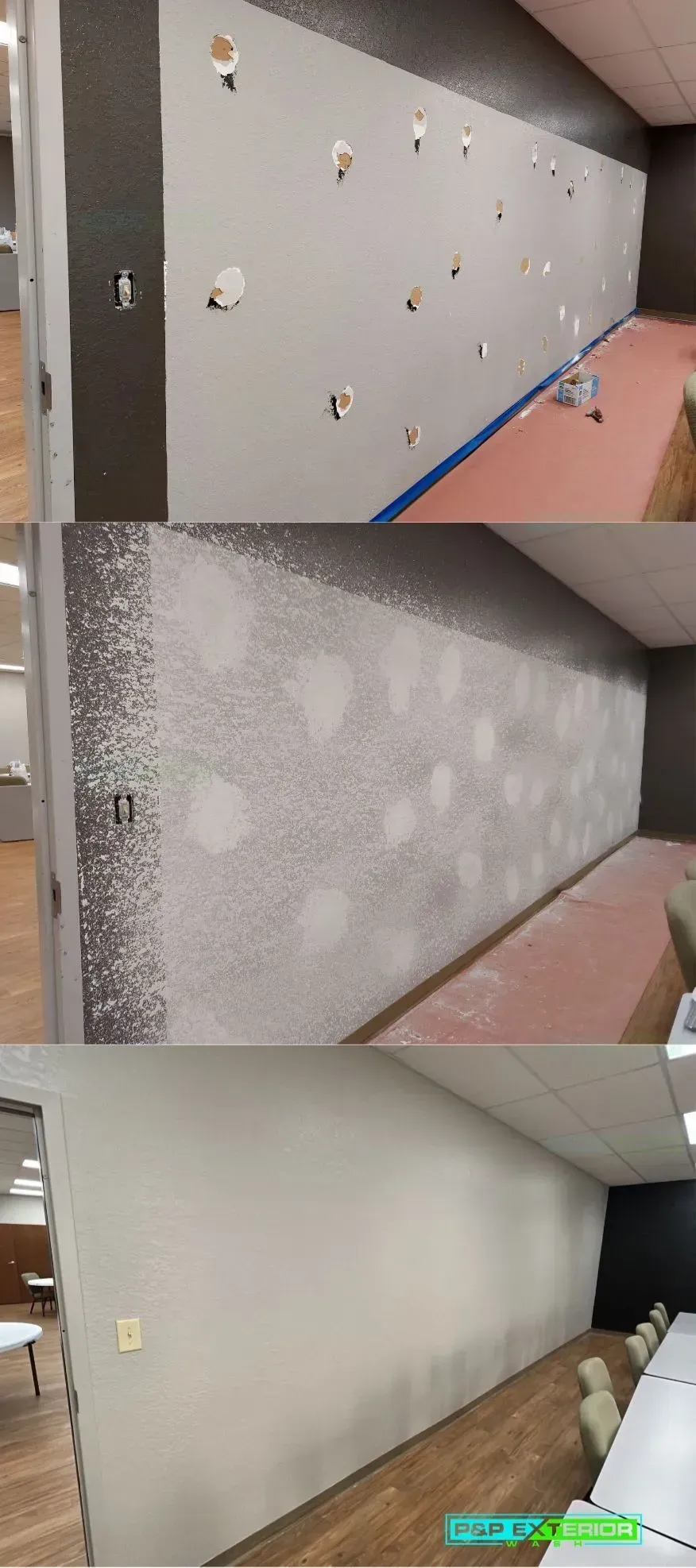 A collage of three pictures of a wall being painted.