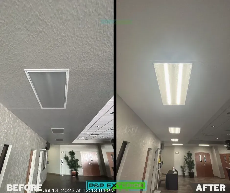 A before and after photo of a hallway with lights on