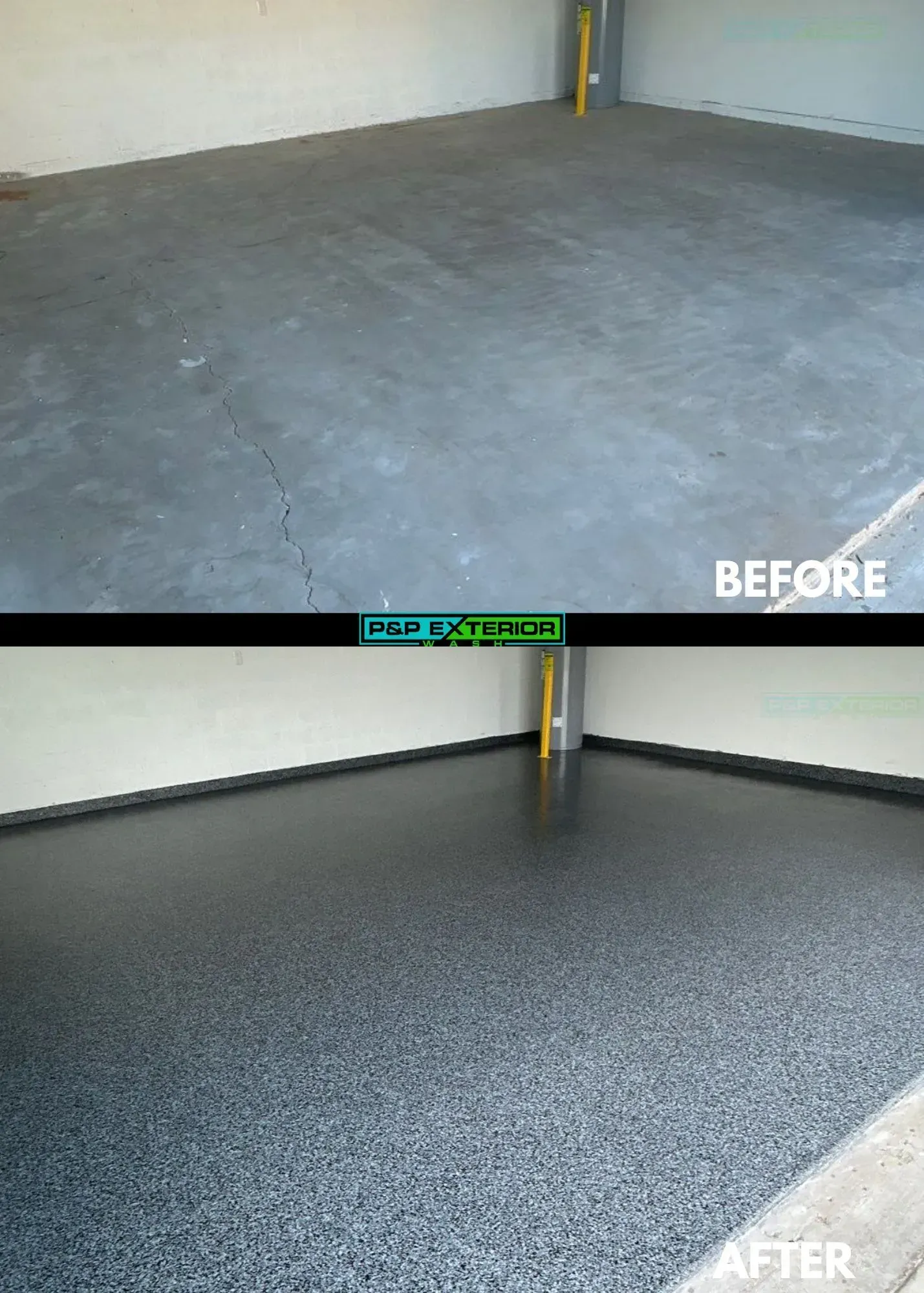 A before and after photo of a garage floor.