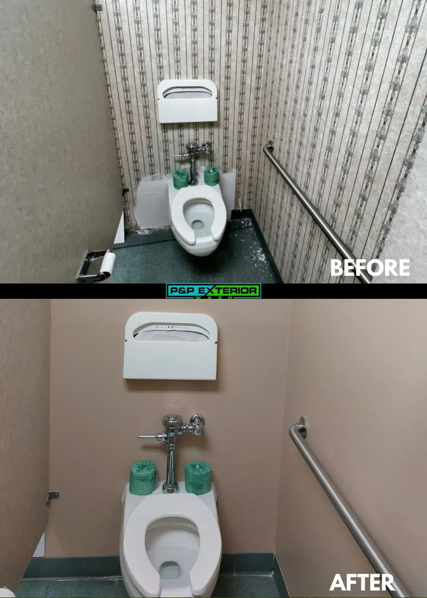 A before and after picture of a toilet in a public restroom.