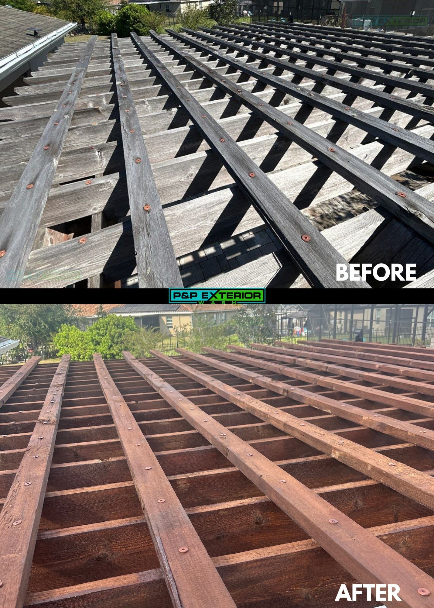 A before and after picture of a wooden fence.