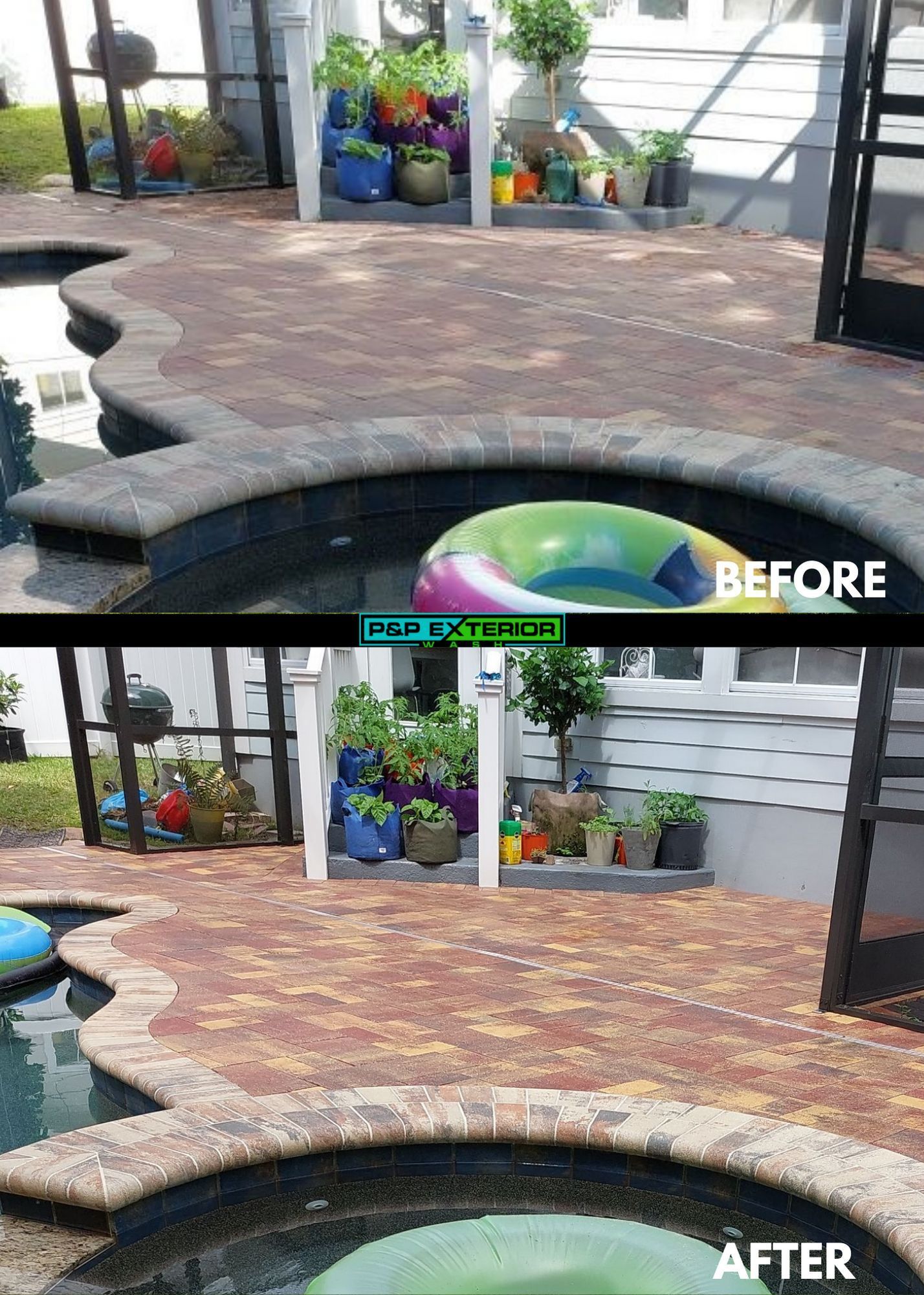 A brick driveway in front of a house with a garage door.