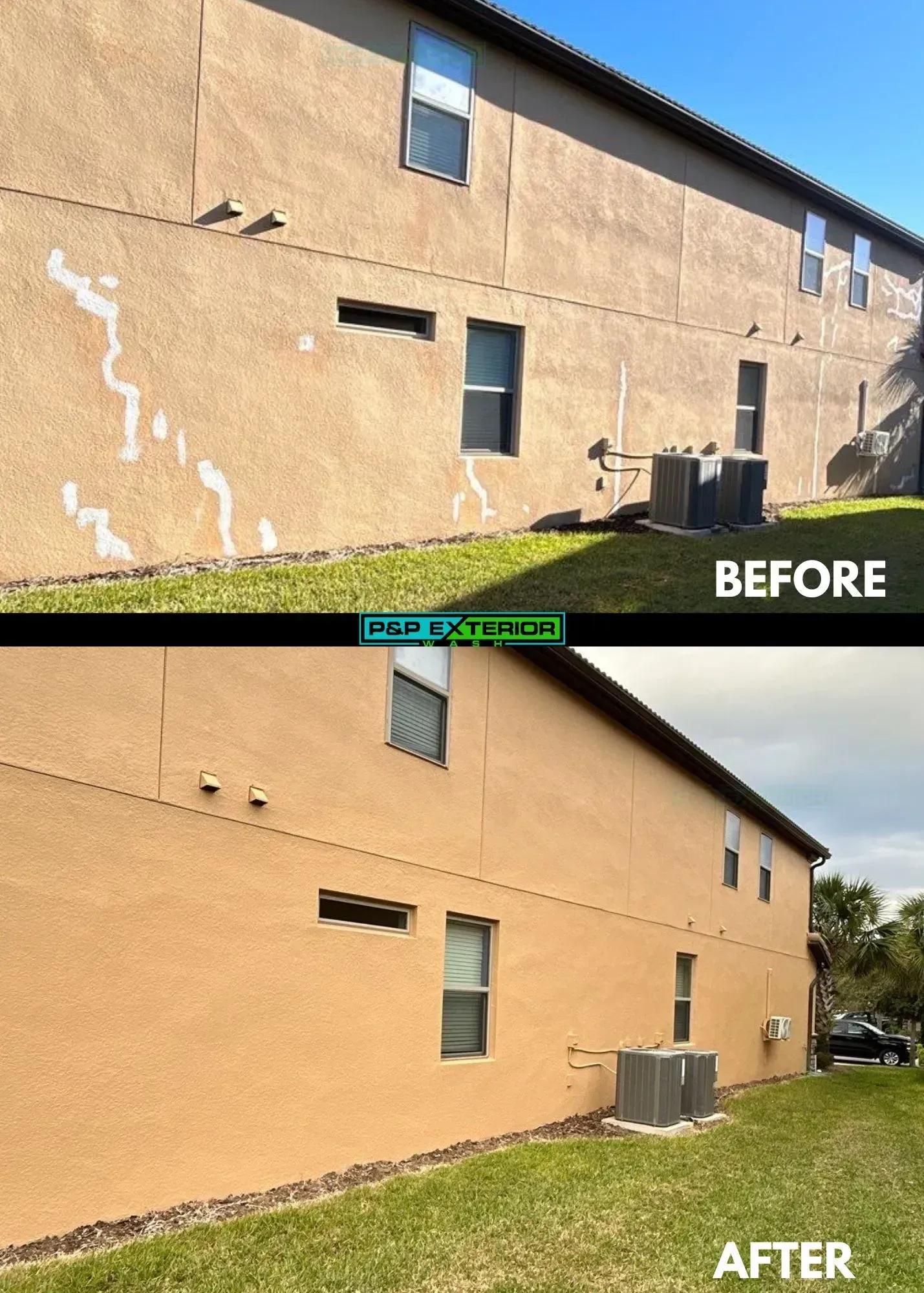 A before and after picture of a house with graffiti on the side.
