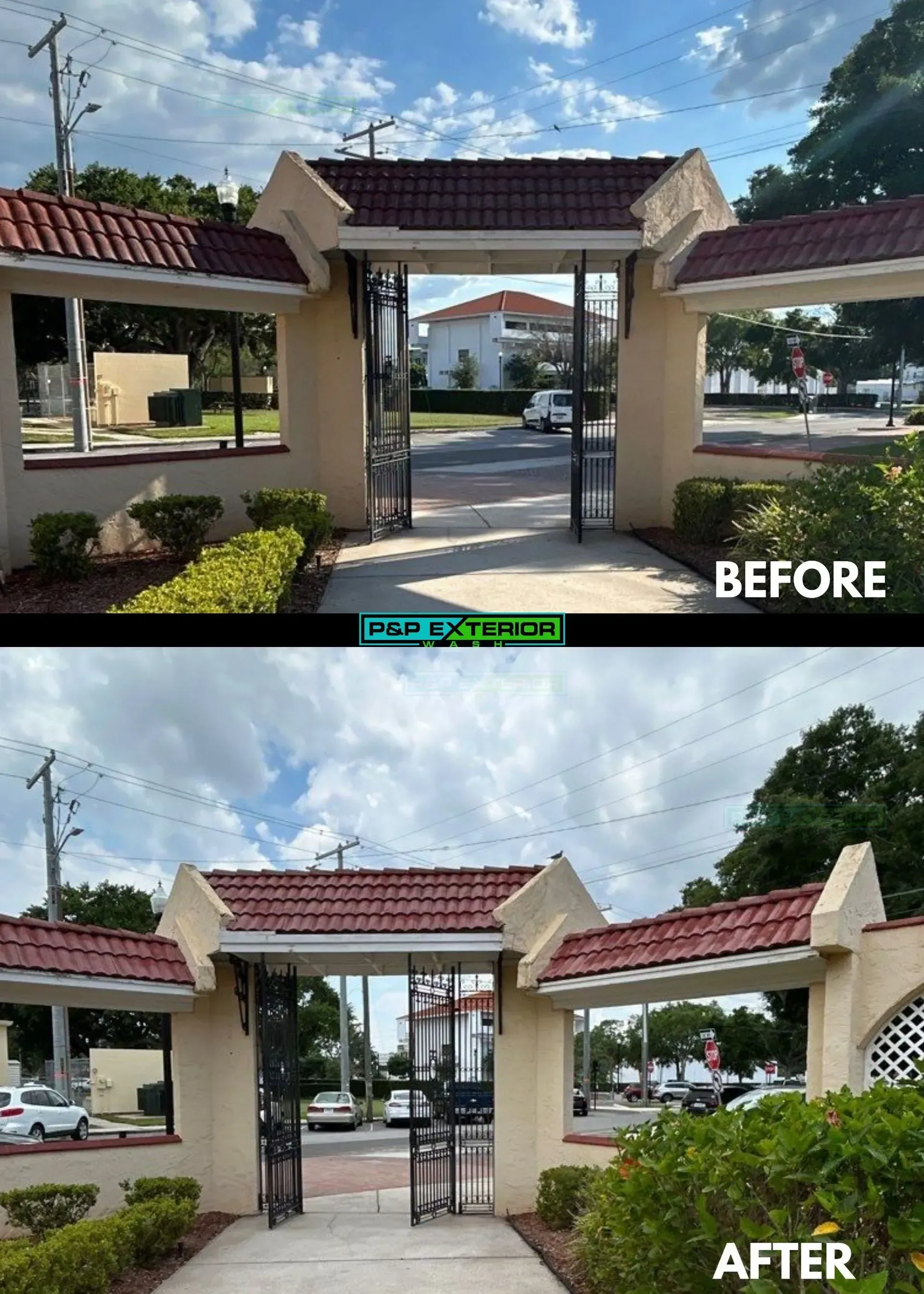 A before and after picture of a building with a red tile roof.