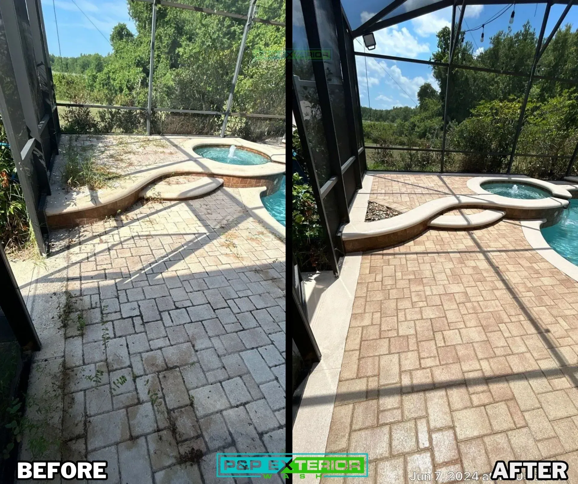 A before and after photo of a patio next to a pool.
