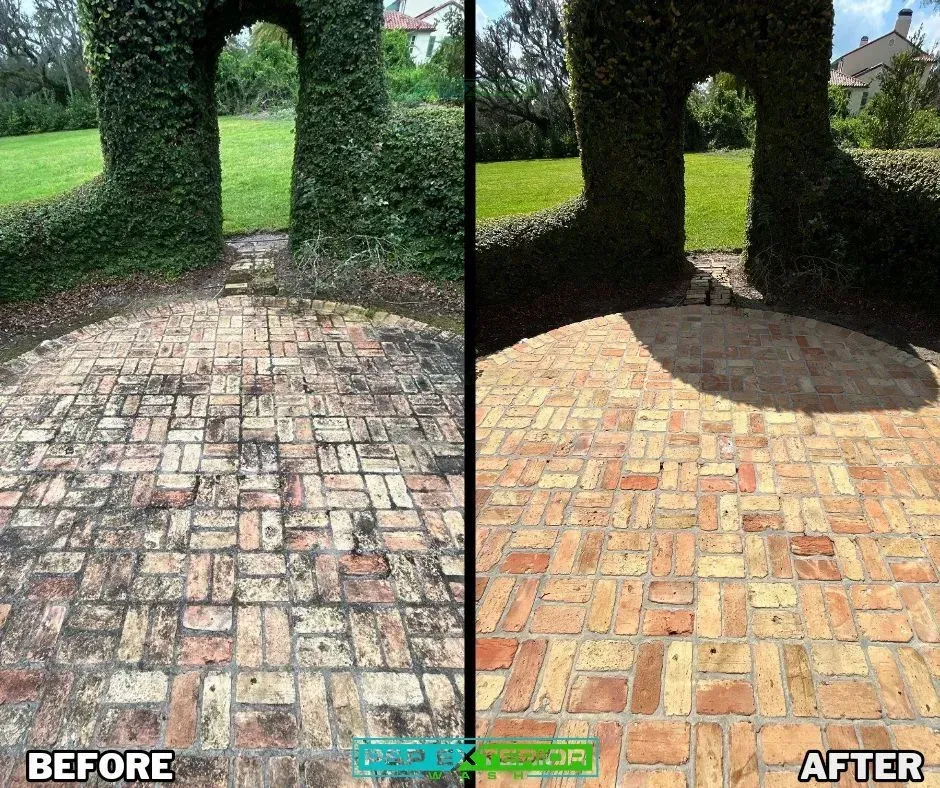 A before and after photo of a brick walkway