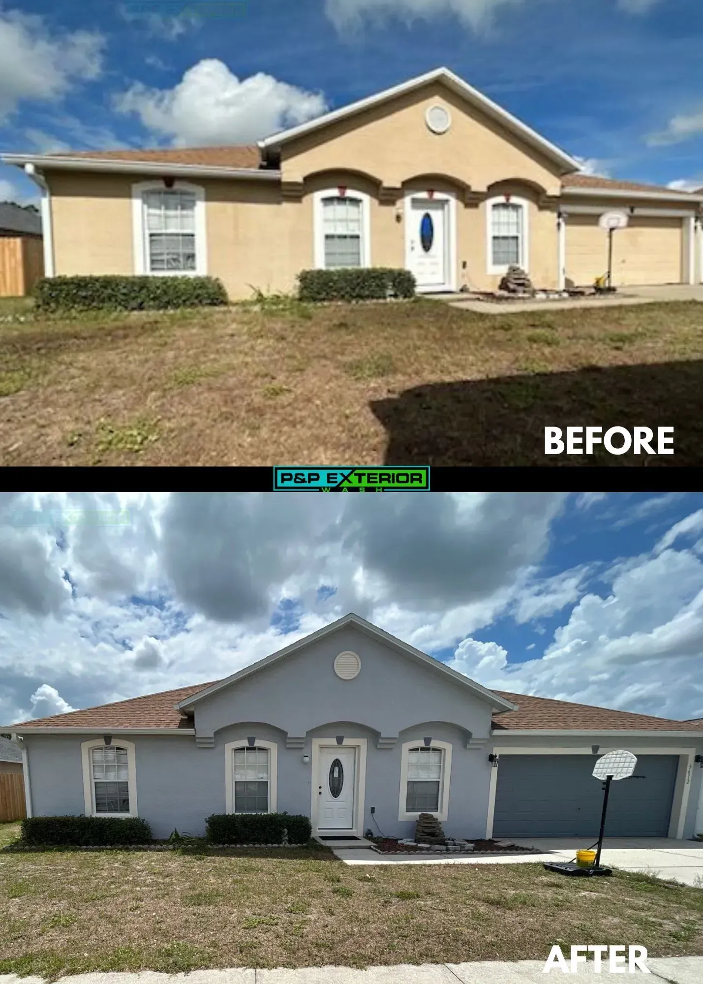 A before and after picture of a house that has been painted.