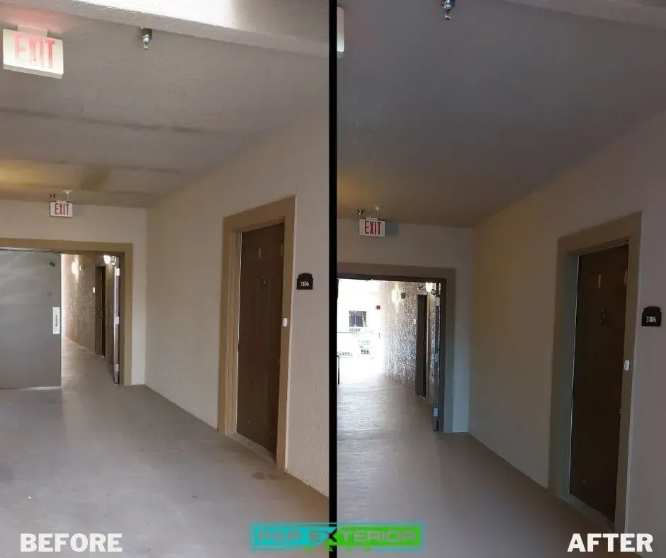 A before and after photo of a hallway with an exit sign